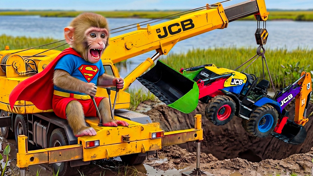 Monkey Nana Drives the JCB Tractor Excavator to Rescue His Tractor After It Fell Into a Big Hole!