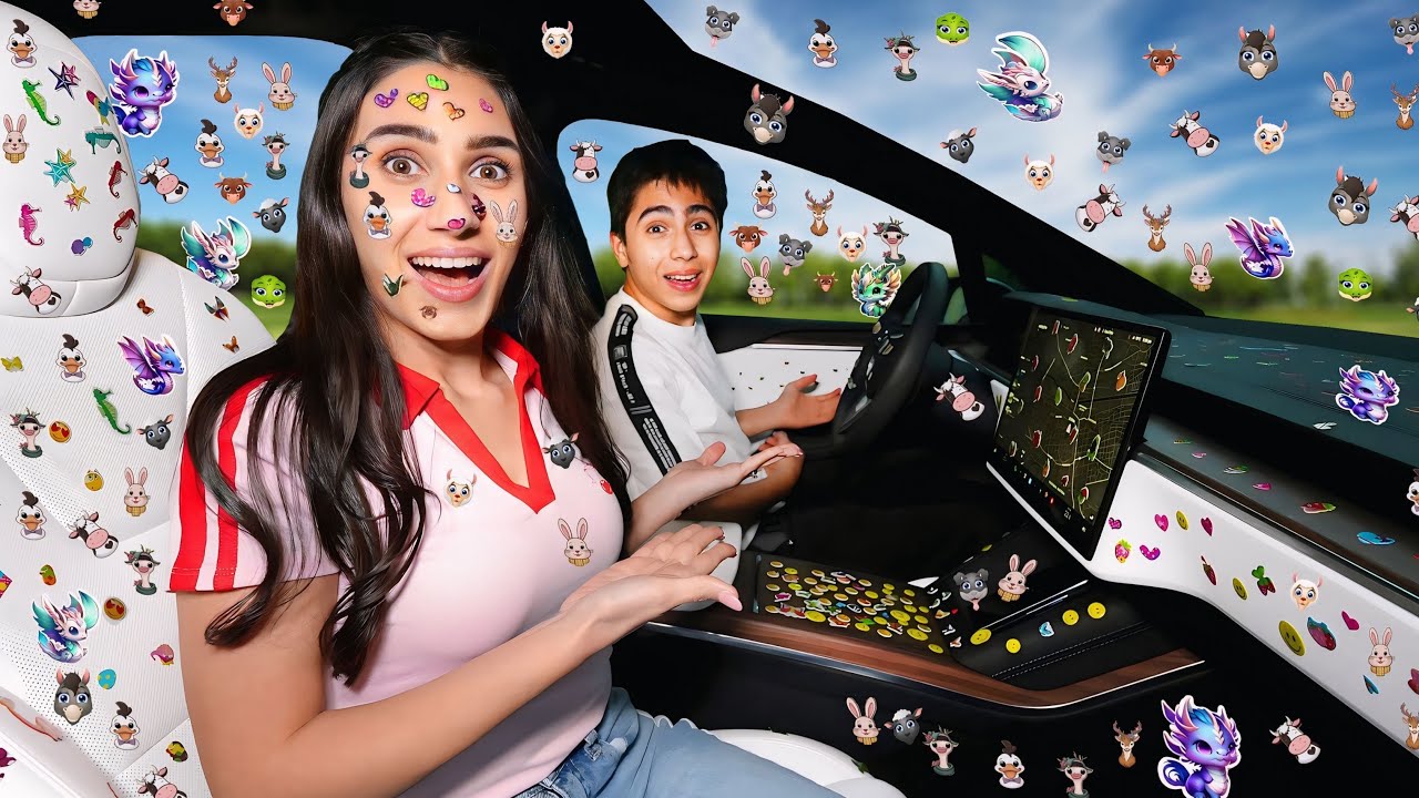 حطينا 5000 ستيكر داخل السيارة 😱 بدون علمه !!