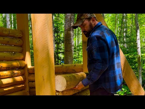 Building an off grid log cabin alone in the wilderness, working on my ...