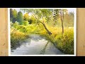 Watercolor painting demonstration - Ditch in forest at summer day