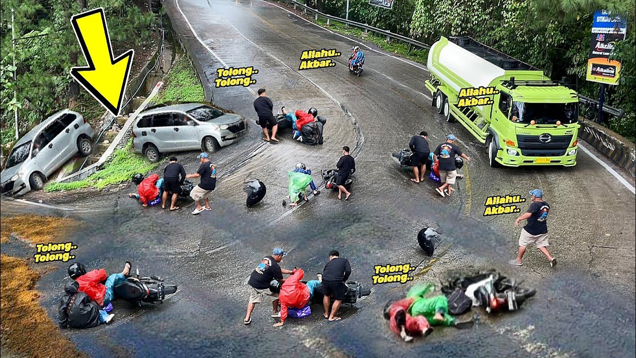 PARAH., KEKACAUAN TAK TERBENDUNG !!! JALAN LICIN PENUH OLI, Pemotor Berjatuhan & Mobil Tergelincir