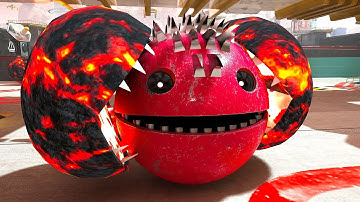 Pacman, Walking Robot Pacman, and Spiky Monster Clash in a Futuristic Labyrinth Full of Dangers