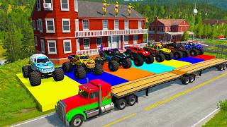 Monster Trucks On Double Flatbed Trailer Slide Colors Cars Vs Speed Bump - Beamng