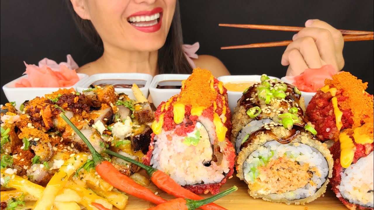 PORK BELLY FRIES & FRIED SUSHI ROLLS!  GIANT BIG BITES!  ASMR MUKBANG OMAD CRUNCHY EATING NOISES