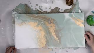 (807) Gorgeous Green and Gold Dirty Pour with Paint and Water Only!