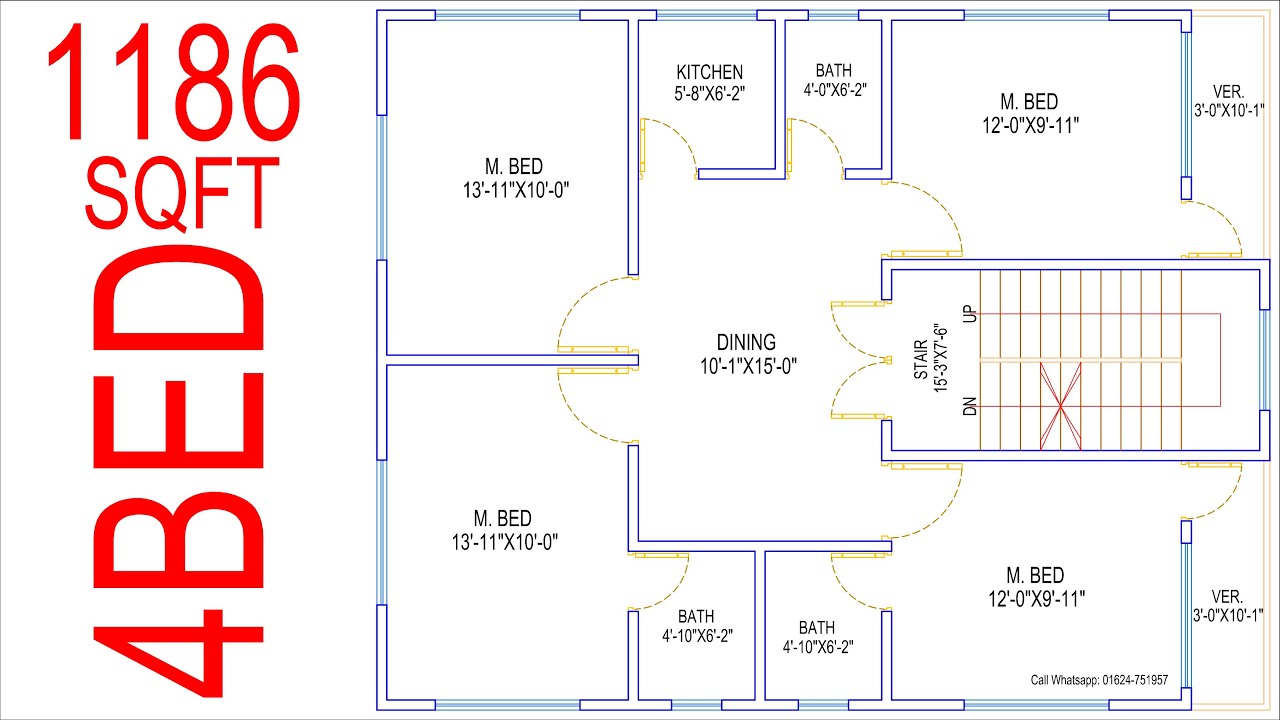 HOUSE PLAN DESIGN | EP 55 | 1200 SQUARE FEET 4 BEDROOMS HOUSE PLAN ...