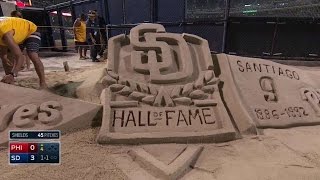 PHI@SD: Builders work on Padres sandcastles at Petco