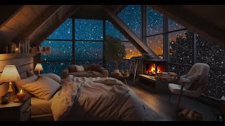 Cozy Bedroom Night Ambience Music Jazz Night for Sleep With Snow Falling Outside Window.