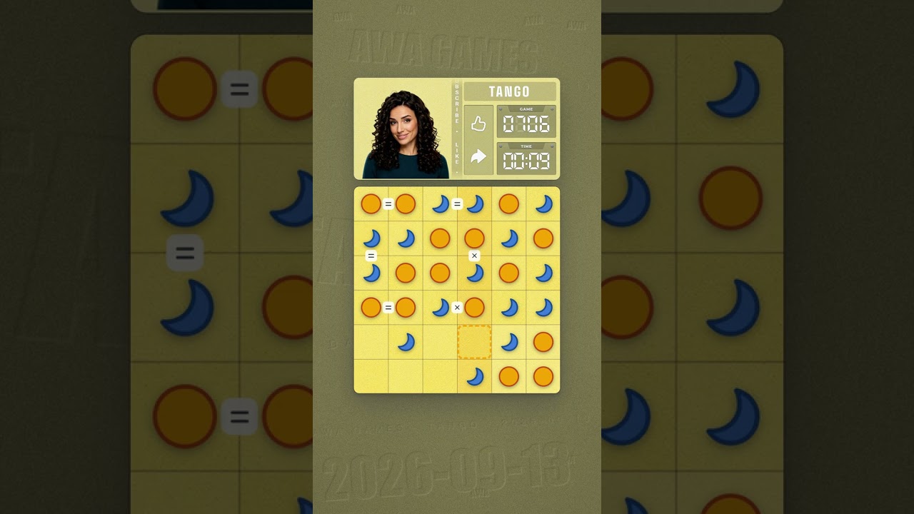 LinkedIn Tango #706 solved board for September 13, 2026, 6x6 grid