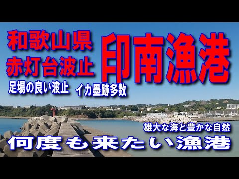 #115和歌山県印南漁港赤灯台波止何度も来たい漁港イカ墨跡多数雄大な海と豊かな自然ゆるやかに過ごす日々足場の良い波止車横付け釣り出来ますファミリー家族連れサビキ釣りに良いダンゴ釣りに良し