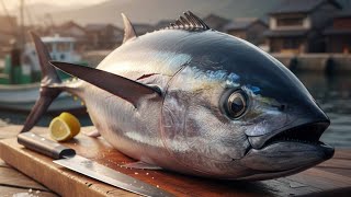 Professional skills for cutting fresh tuna at Puri Bridge fish market
