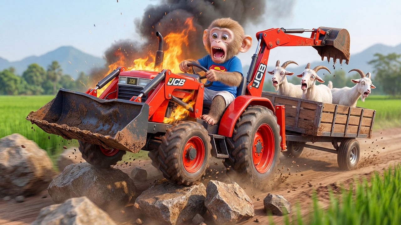 🔥🚜 Baby Monkey in Distress! JCB Truck Carrying Goats Bursts into Flames After Horrific Collision!