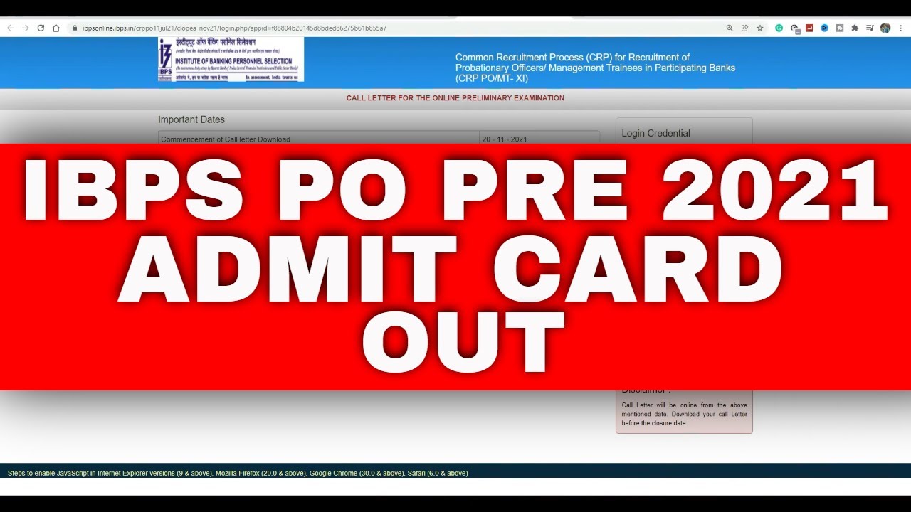 IBPS PO PRE 2021 ADMIT CARD OUT
