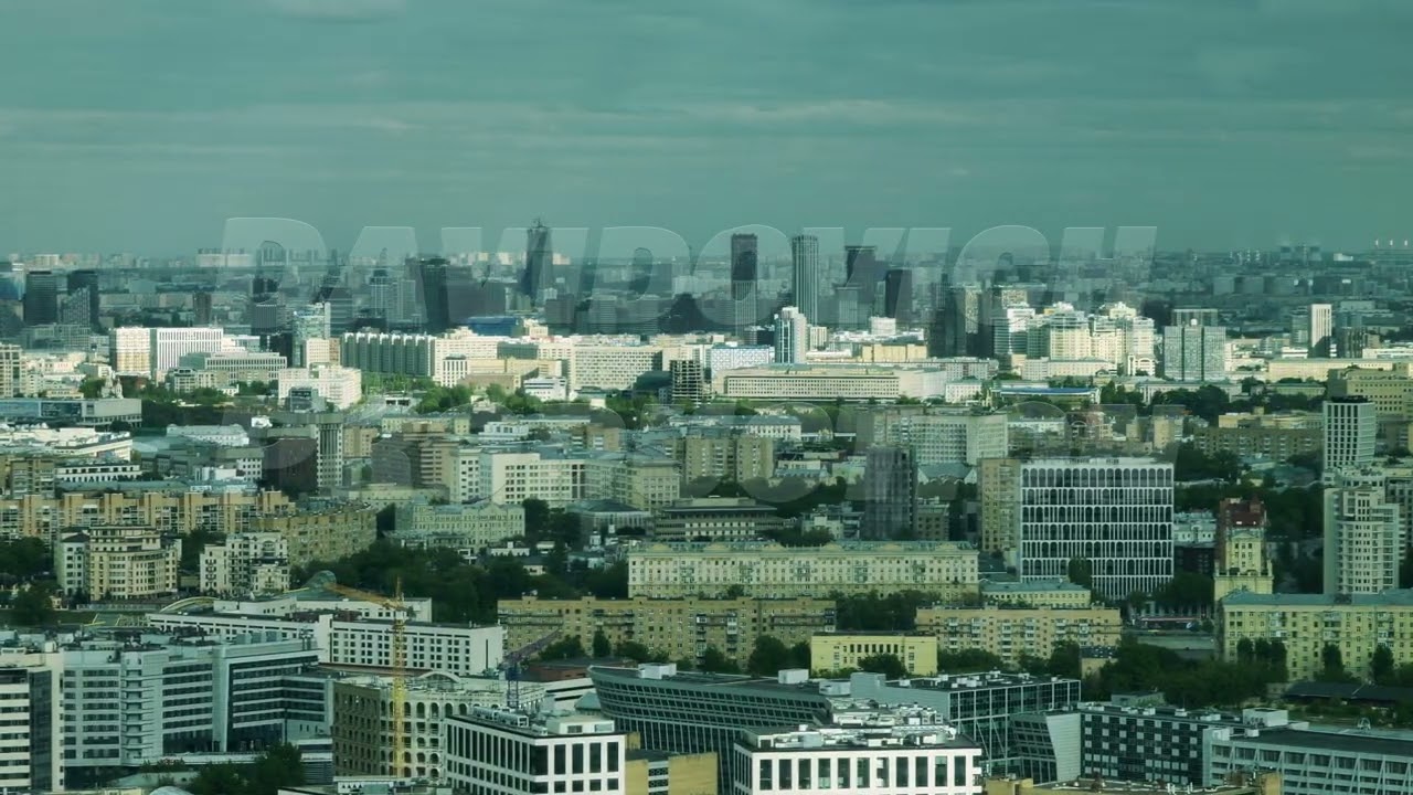 Moscow cityscape with dramatic cloudy sky covering residential and business districts