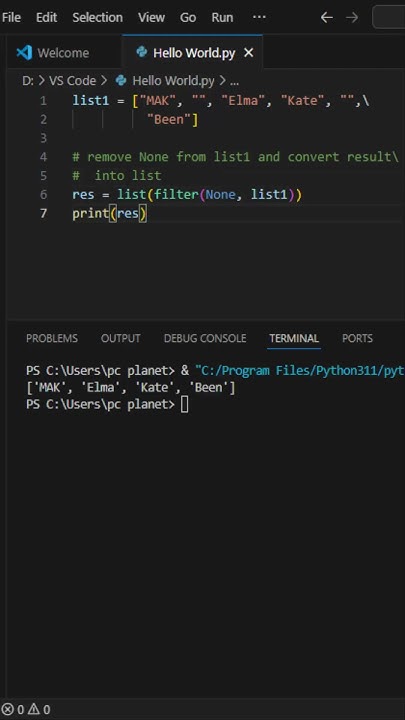 Python masters code for removing empty strings from list #python # ...