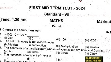7th maths first midterm test 2024 original question paper English medium Chenglepet dt