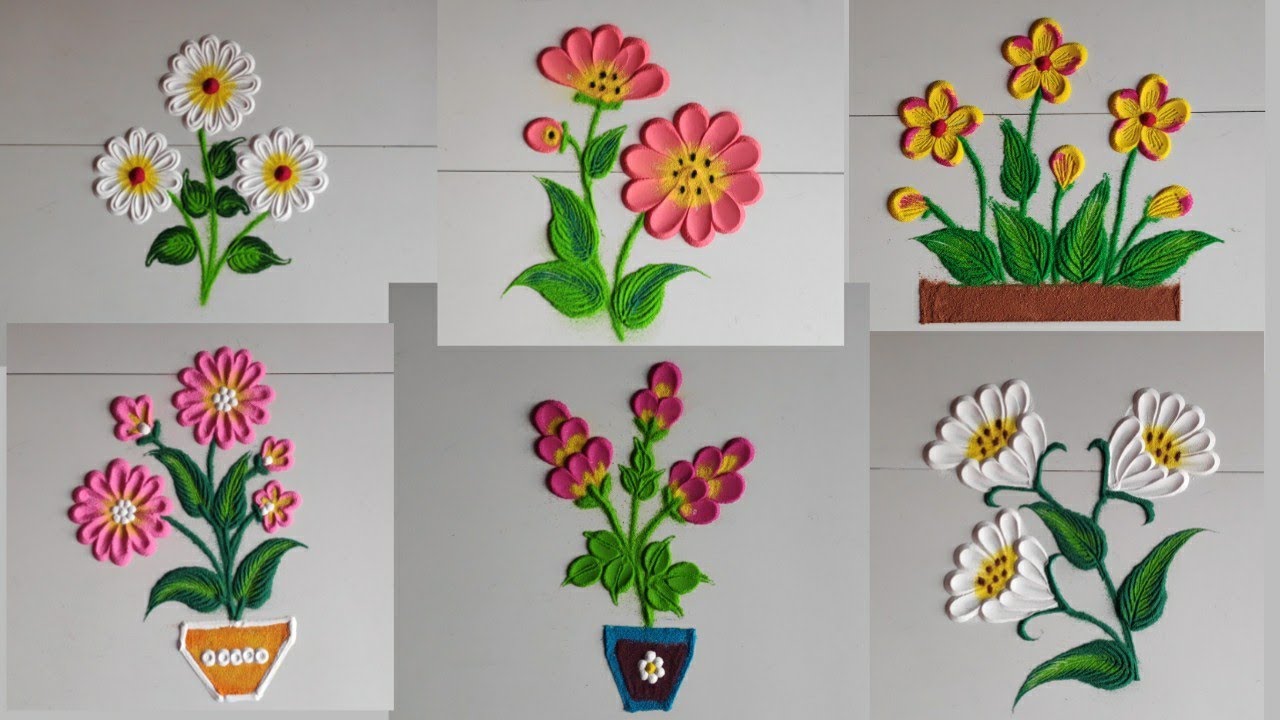 A large collection of beautiful flower rangolis among many rangolis