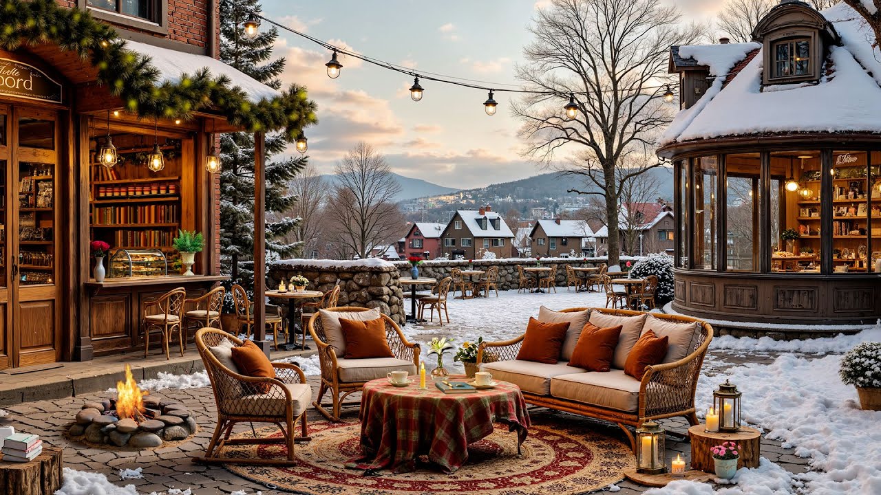 Peaceful Jazz with Fireplace for Relax☕Quiet Morning Jazz Music at Rustic Coffee Shop Street Corner