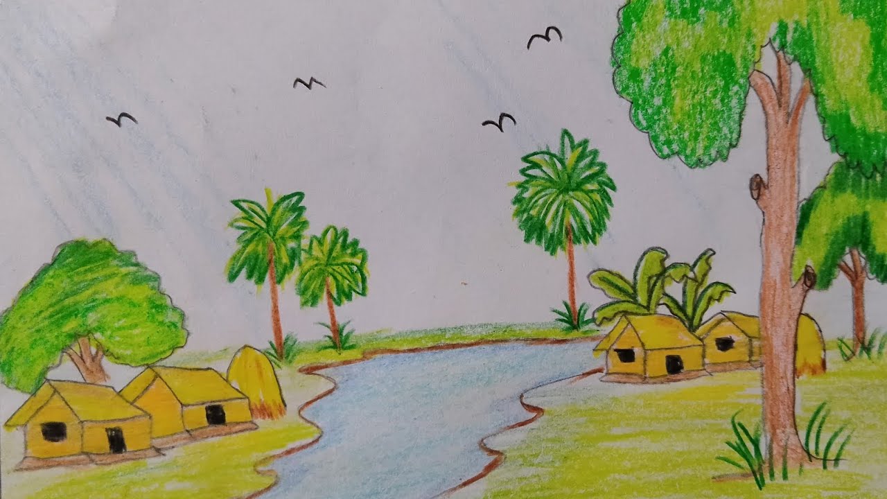 How to draw a village scenery step by step drawing Art video - YouTube