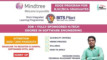 MindTree hiring for BSC & BCA only | JOB + FREE M.Tech BITS PILANI | 2020 & 2021 graduates [Tamil]