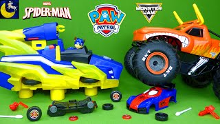 Paw Patrol Toys Help Spiderman Build a Car l Monster Jam Trucks Remote Control RC Kids Toy Stories!