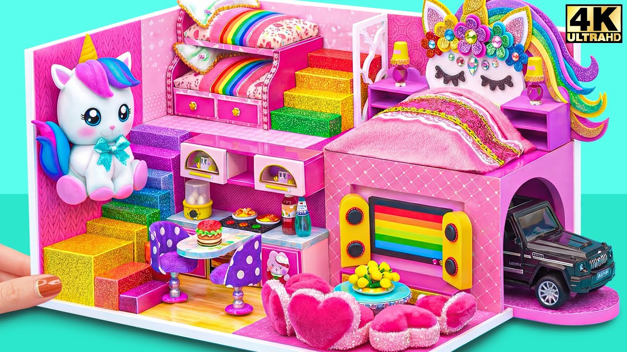 Make a Beautiful Cute 2-Story Unicorn Dollhouse with Bunk Bed 🦄💖 | DIY Miniature Cardboard House