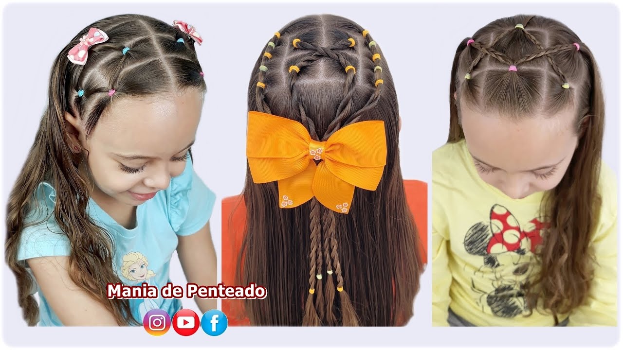 3 Penteados Fáceis com Elásticos para Meninas 😍| 3 Easy Hairstyles with Elastics for Girls 🥰