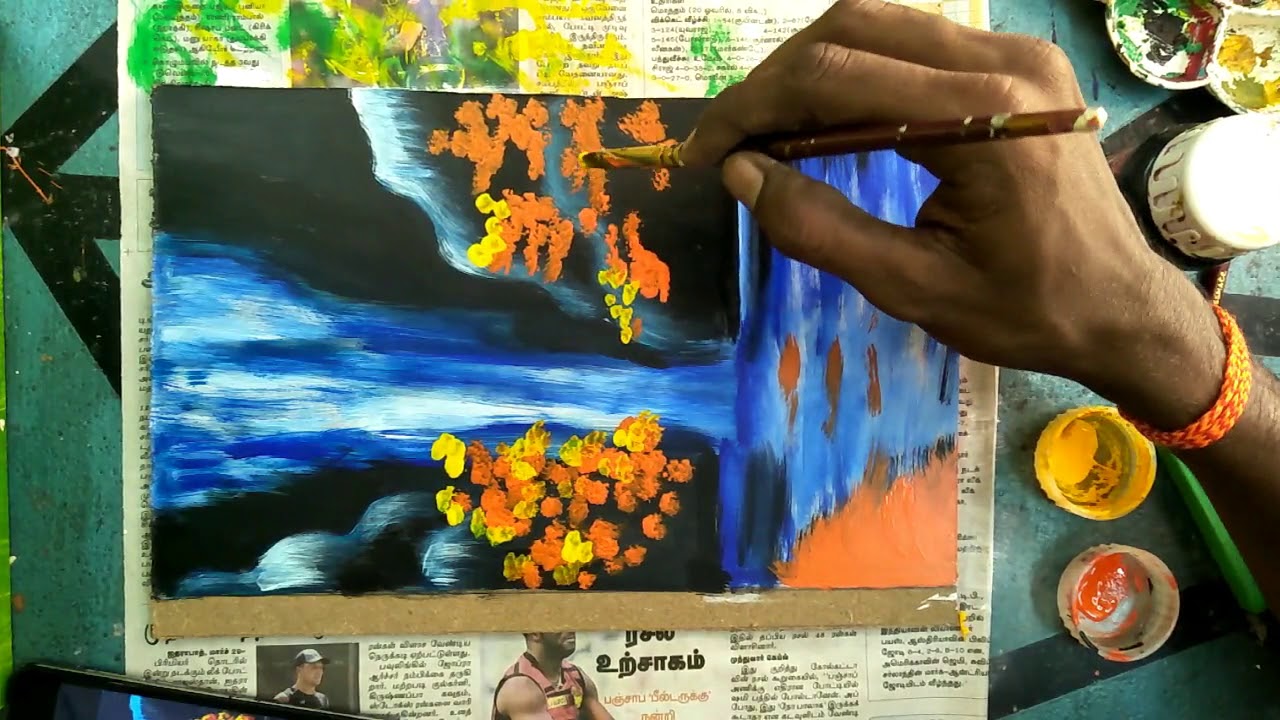 Acrylic Painting - Waterfalls ||  Natural Scenery painting || Caveman Studios