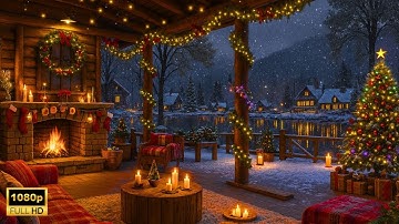 🎄 Soft Christmas Jazz Music 🎅 Cozy Porch Ambience with Fireplace Crackles & Falling Snow for Unwind