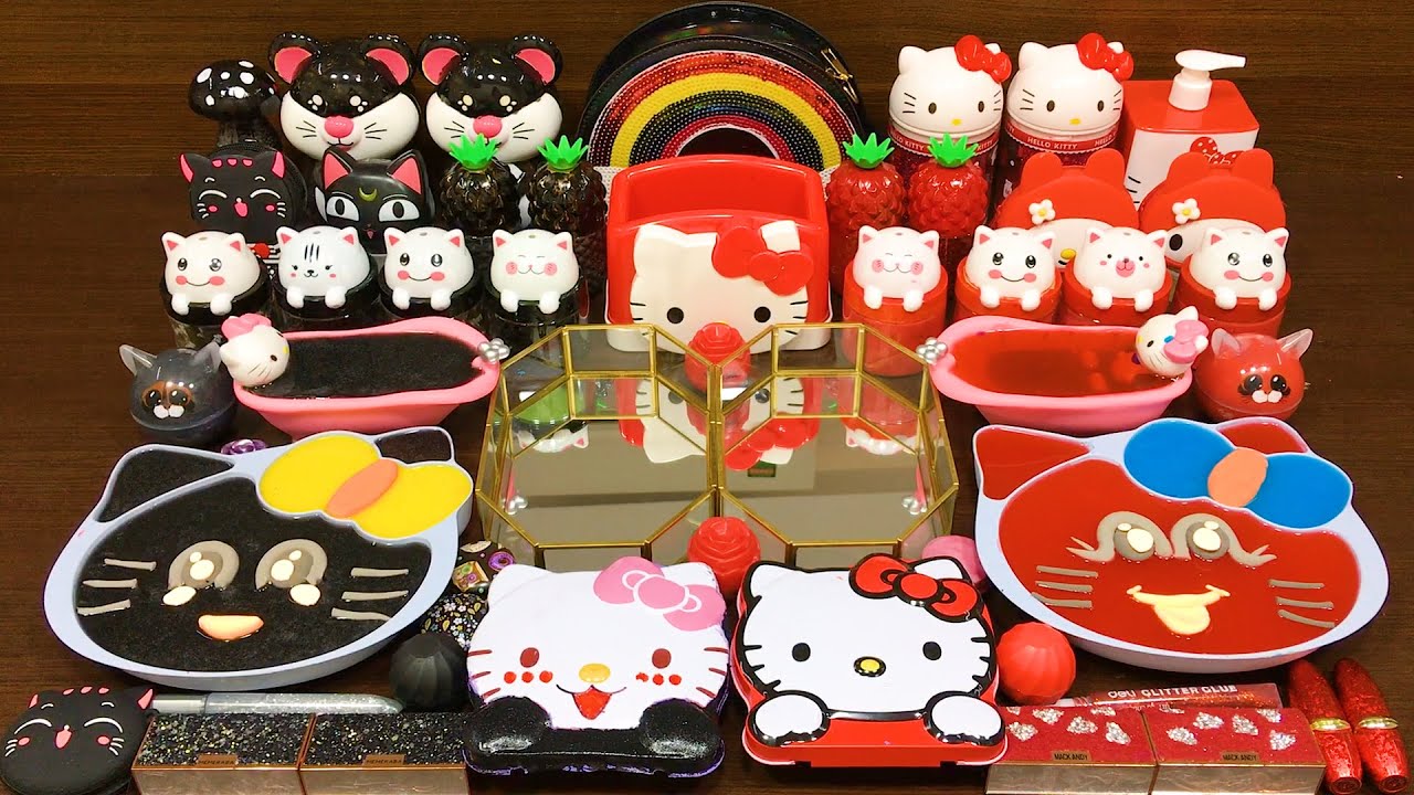 HELLO KITTY BLACK vs RED ! Mixing Random things into STORE BOUGHT Slime ! ASMR Satisfying Slime