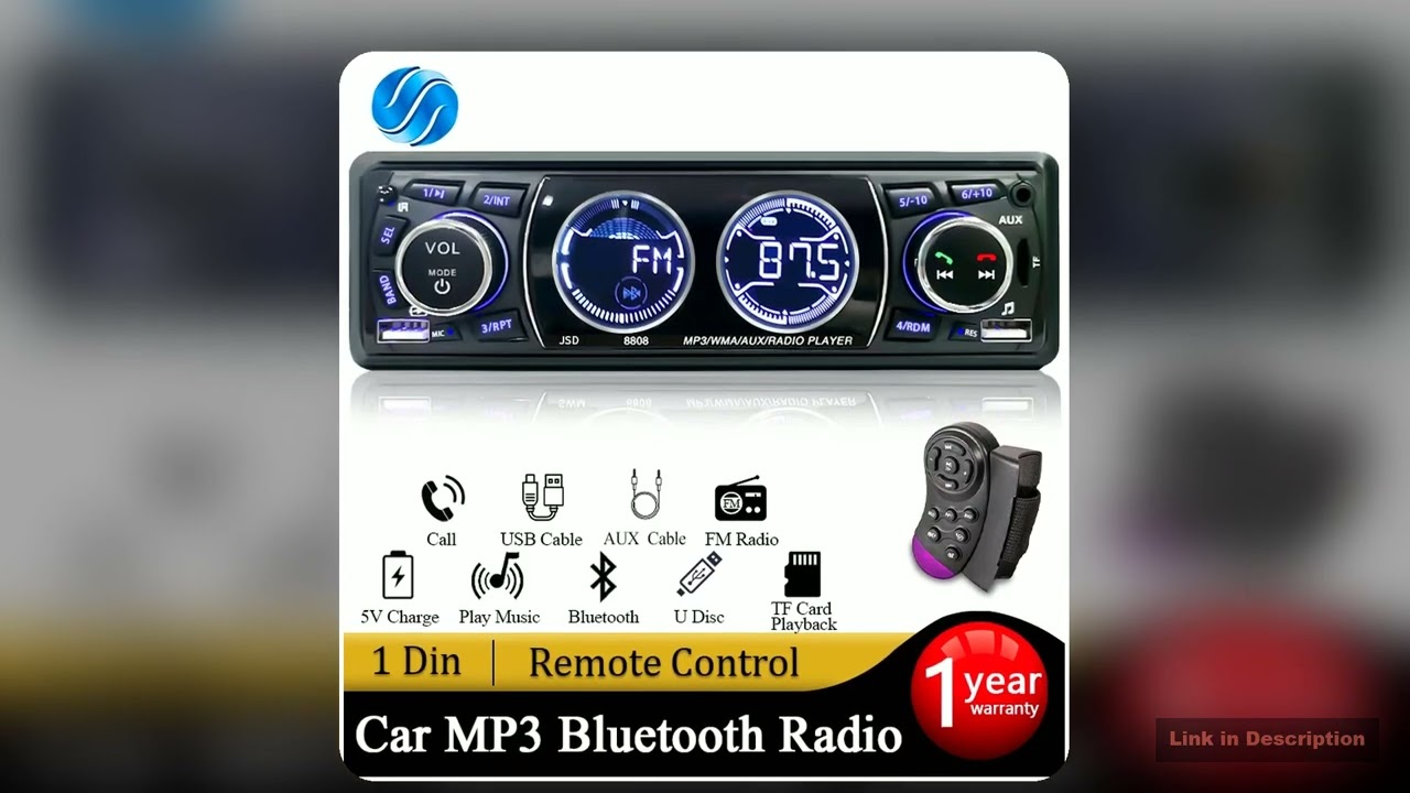 SINOVCLE Car Radio Audio 1din Bluetooth Stereo MP3 Player FM Receiver Support Phone Charging