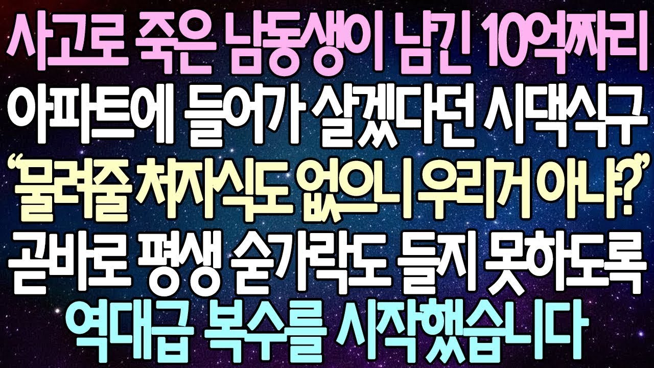 반전 사연 사고로 죽은 남동생이 남긴 10억짜리 아파트에 들어가 살겠다던 시댁식구 곧바로 평생 숟가락도 들지 못하도록 역대급 복수를 시작했습니다  사이다사연 라디오드라마