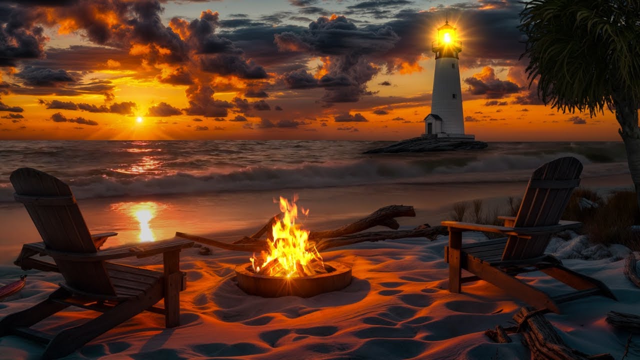 Lighthouse Sunset Campfire | Ocean Waves, Firelight & No Ads Chill 🌅🔥🌊