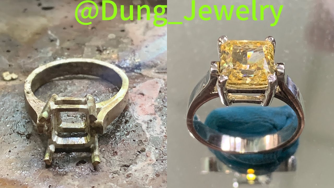 @Dung_Jewelry chia sẻ cách lắp ráp thủ công nhẫn nữ đá  vuông bằng bạc 