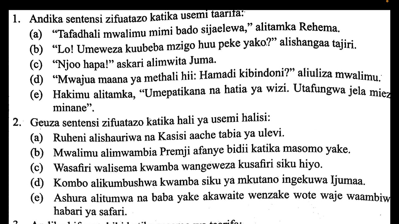 usemi halisi na usemi wa taarifa maswali na majibu