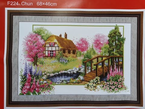 Tranh thêu chữ thập phong cảnh ngôi nhà mùa xuân F226