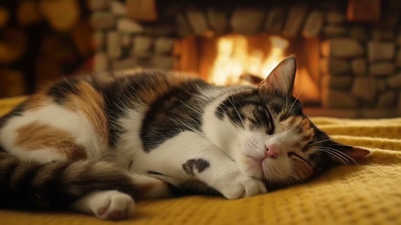 Crackling Fireplace & Soft Purring Cat | Cozy Winter Night 9H 4K [Deep Sleep · Relax ·Purring]