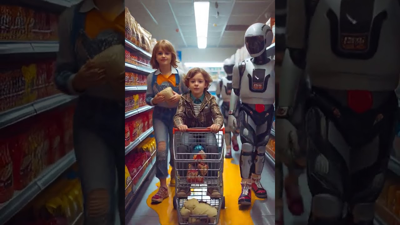 Children shopping with a Robot. 