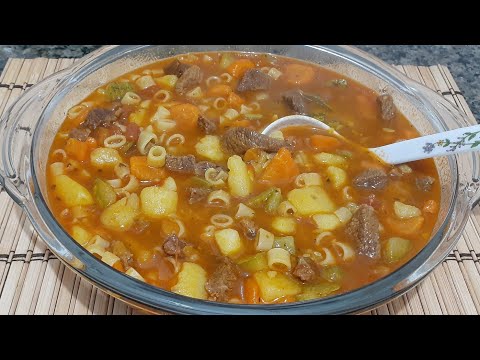 RECEITA DE SOPA DE MACARRÃO COM CARNE E LEGUMES SIMPLES DE FAZER 😋