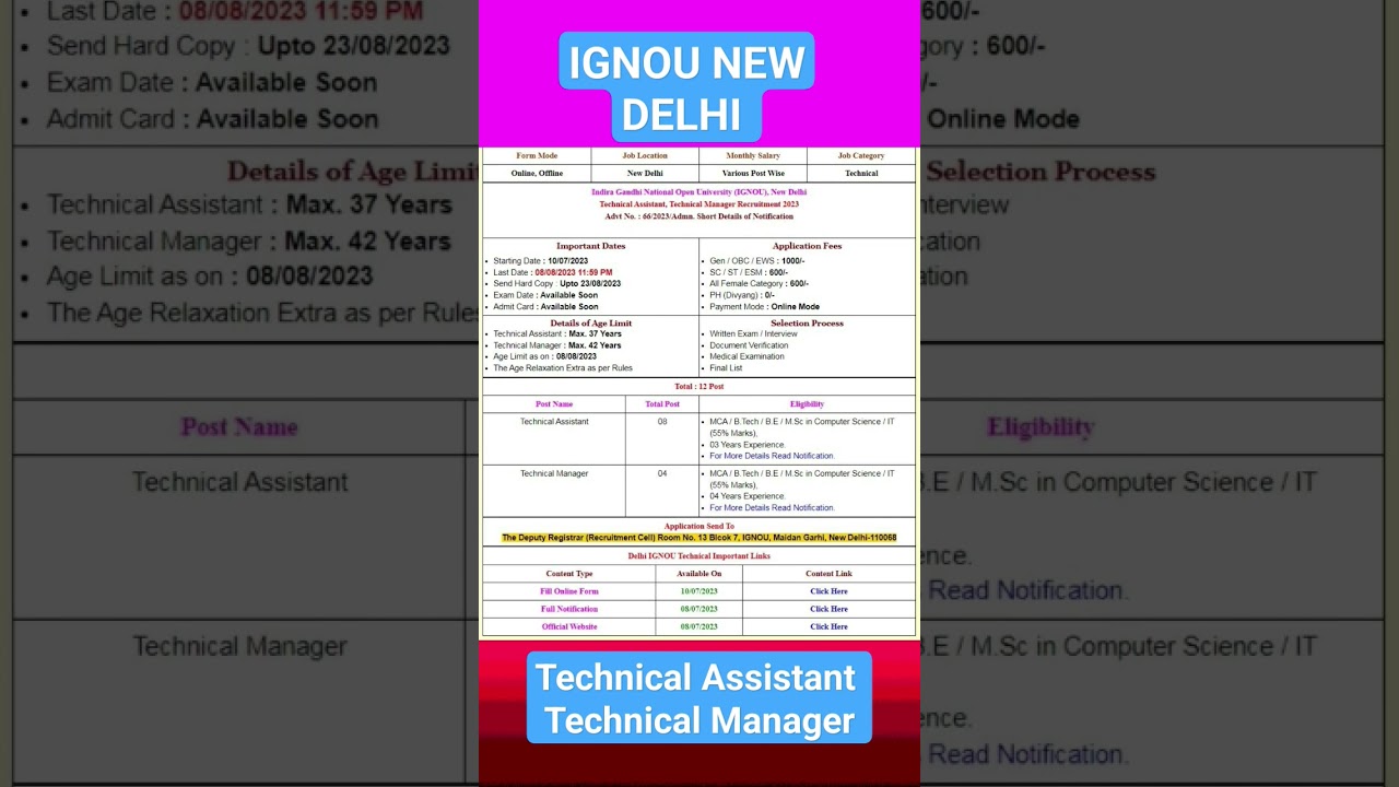 IGNOU New delhi Technical Assistant,Technical Manager