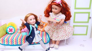 Baby Doll tires to skip school !  Play Toys story about honesty