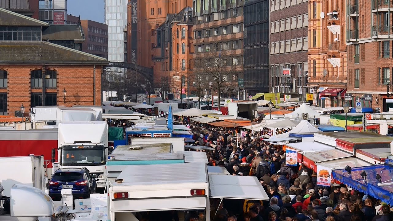 Hamburg, Altona, Fischmarkt, Blick über Marktgelände, Große Elbstraße - Full HD (1080p) Videobild st. pauli piers