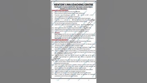 newton inns coaching centre physics exam 2023 for fresh and supply students