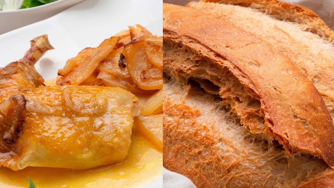 Pollo asado al txakoli con patatas panadera - Pan casero fácil y rápido - Cocina Abierta
