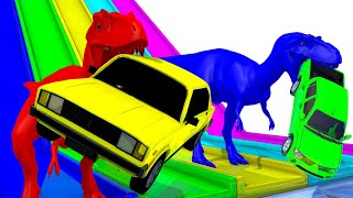 T-Rex Dinosaurs VS Racin Cars !? Water Slide Colors for Kids Nursery Rhymes for Children