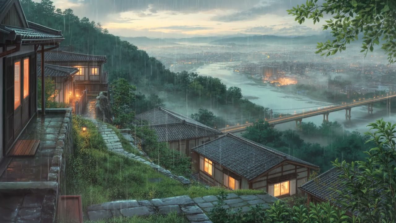 Rainy Hillside View 🌧️ Warm Wooden House & City Lights | Chill Lofi Beats for Study & Calm