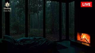 Cabin Rain with Warm Fireplace and Peaceful Forest (Live) 🌧 Forest Ambience for Deep Sleep