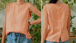 DIY round-neck button-back sleeveless linen top