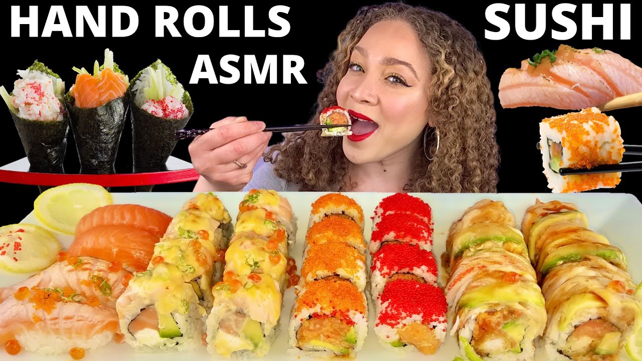 ASMR SUSHI RAW SALMON NIGIRI, ABURI, SUSHI ROLLS & HAND ROLLS |SAMYANG FIRE SAUCE SUSHI MUKBANG