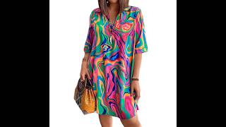 Abstract Swirl Print Camp-Collar Shift Dress screenshot 5